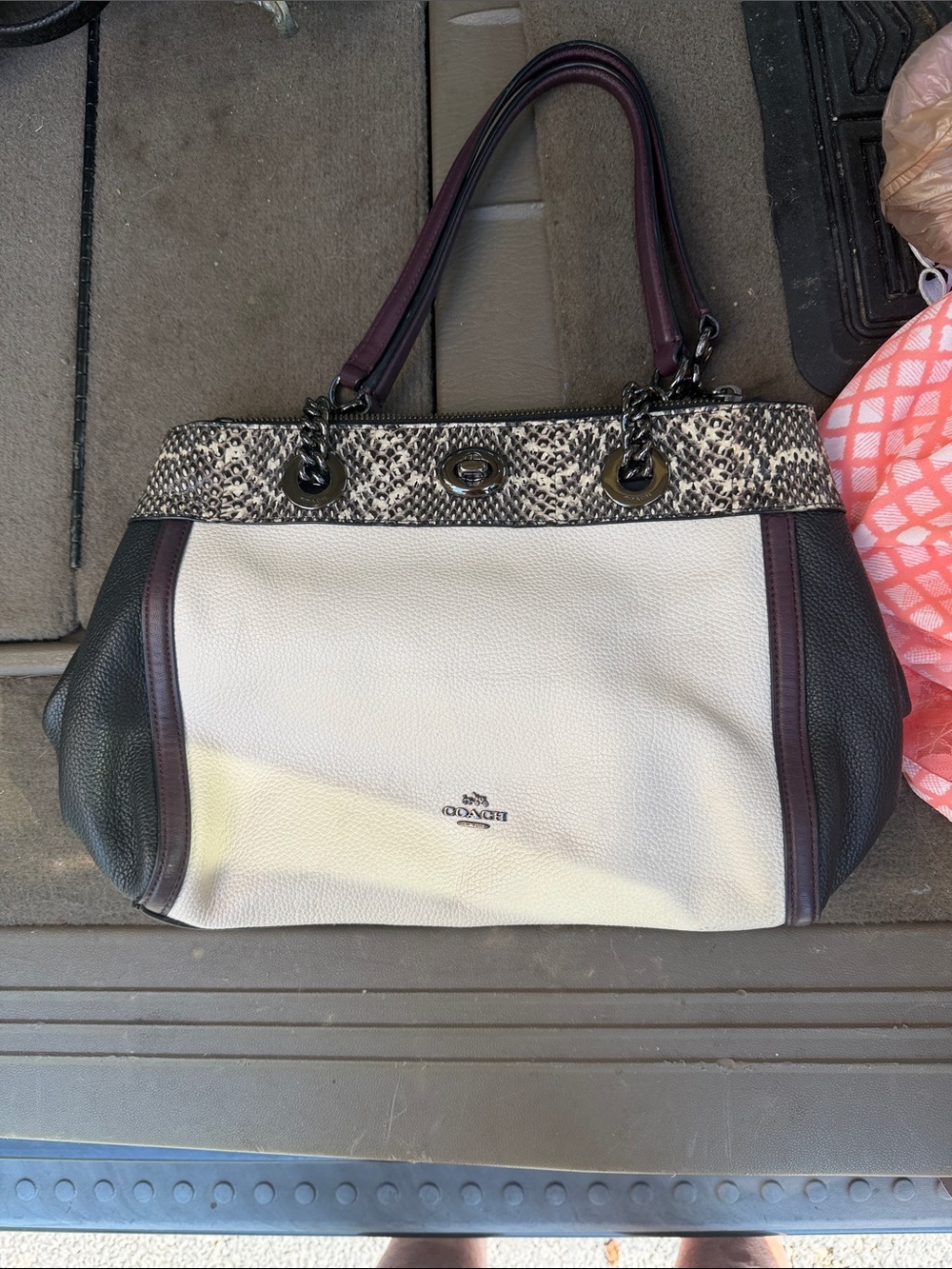 Coach Two-Tone Cream, Black & Brown Leather Shoulder Bag with Snake-Print Trim
